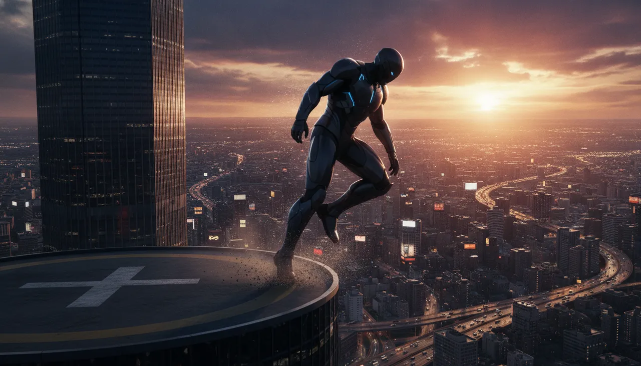 Superhero Gracefully Lands on Skyscraper